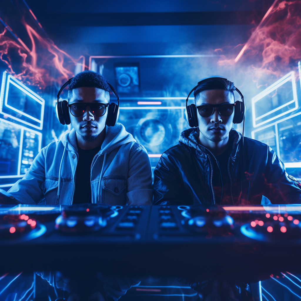 Male drummer and Chinese DJ with headphones in cyberpunk club