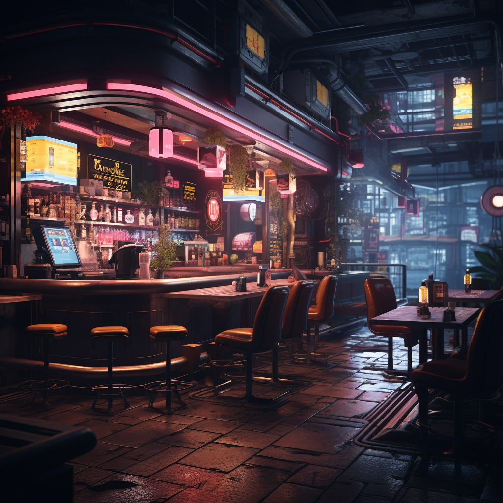 Cyberpunk cafe with neon lights