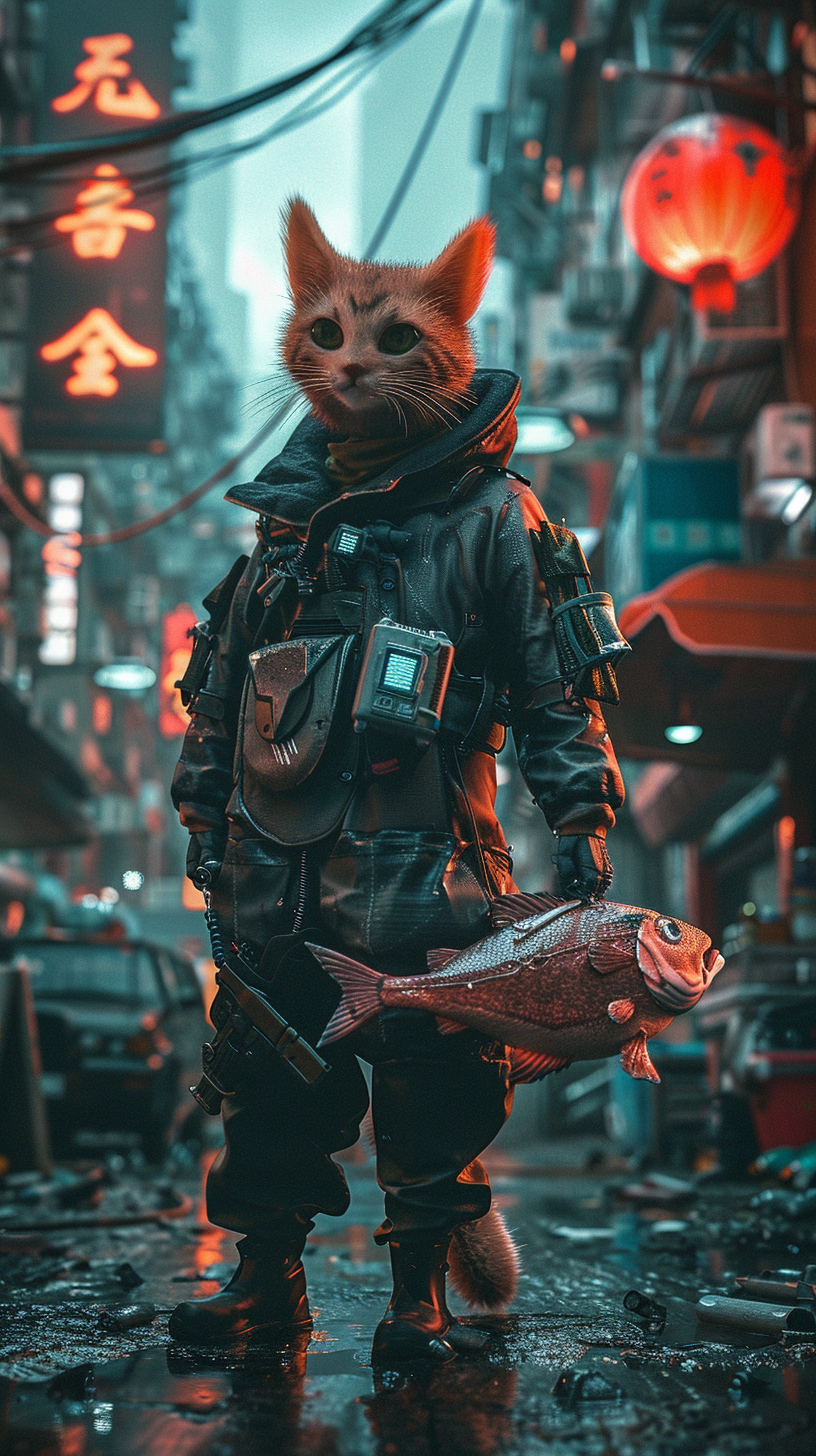 cyberpunk cat holding mechanical fish