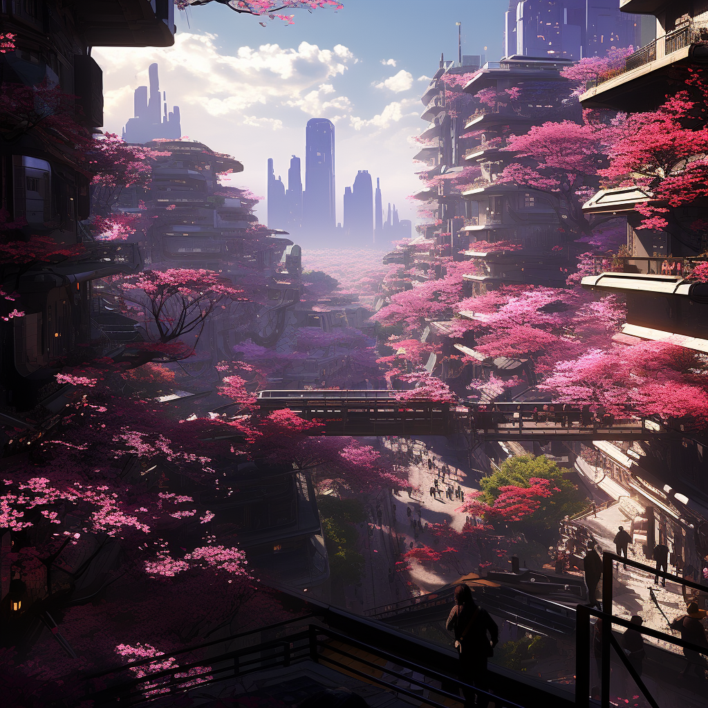 Blossoming Cercis chinensis in Cyberpunk City