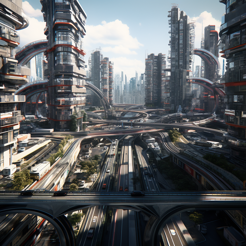 Aerial view of futuristic cyberpunk city