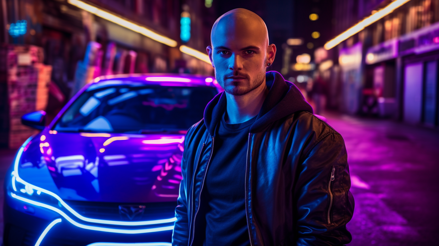 Young man with cyberpunk style standing in front of car