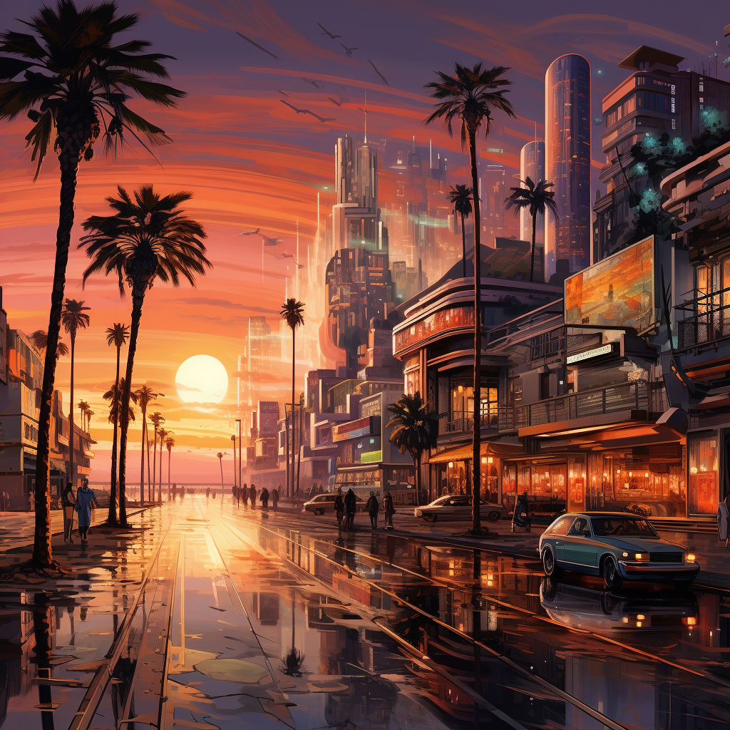 Futuristic cityscape with Venice Beach vibe