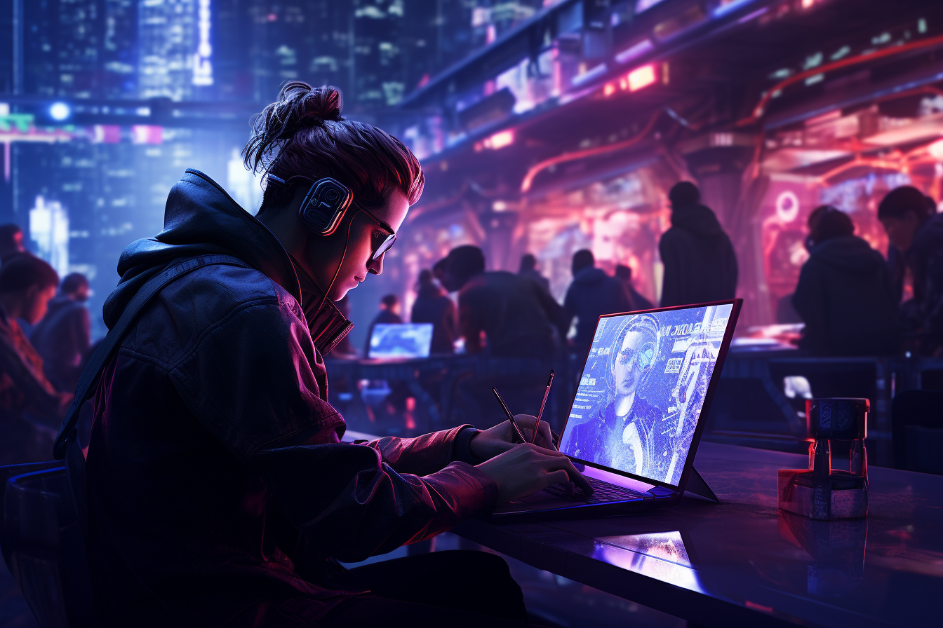 Cyberpunk students studying with cybernetic enhancements