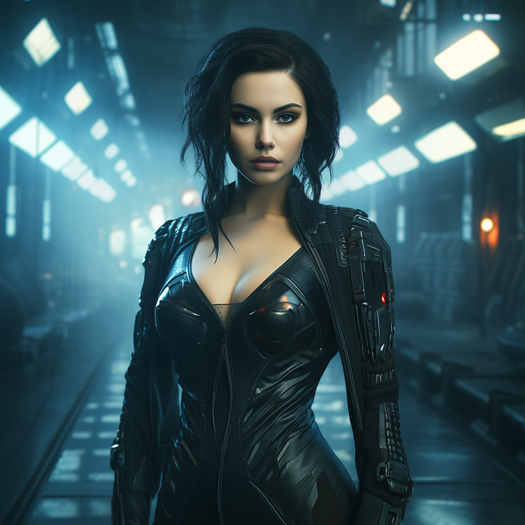 Beautiful dark-haired woman in cyberpunk setting