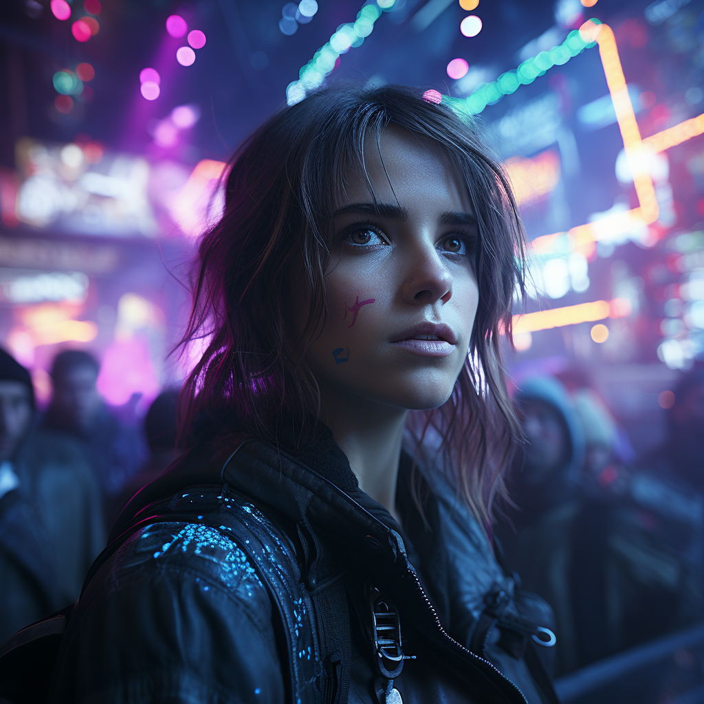 Emma Watson in Cyberpunk attire  (max 6 words)