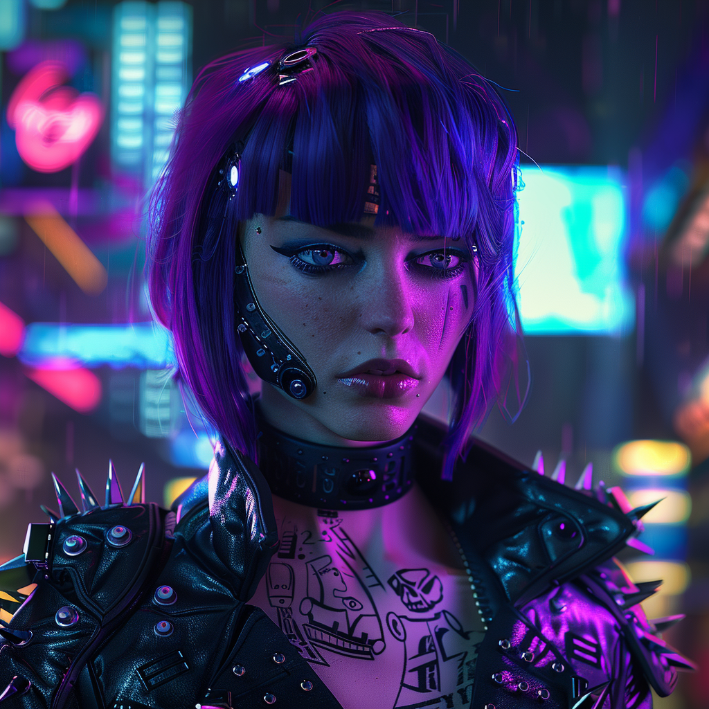 Cyberpunk female character with purple hair