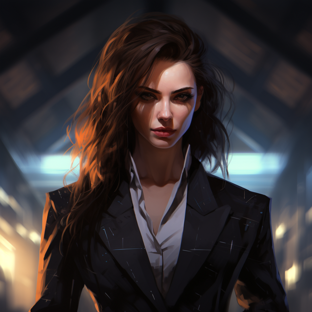 Image of cyberpunk female lawyer with brown hair