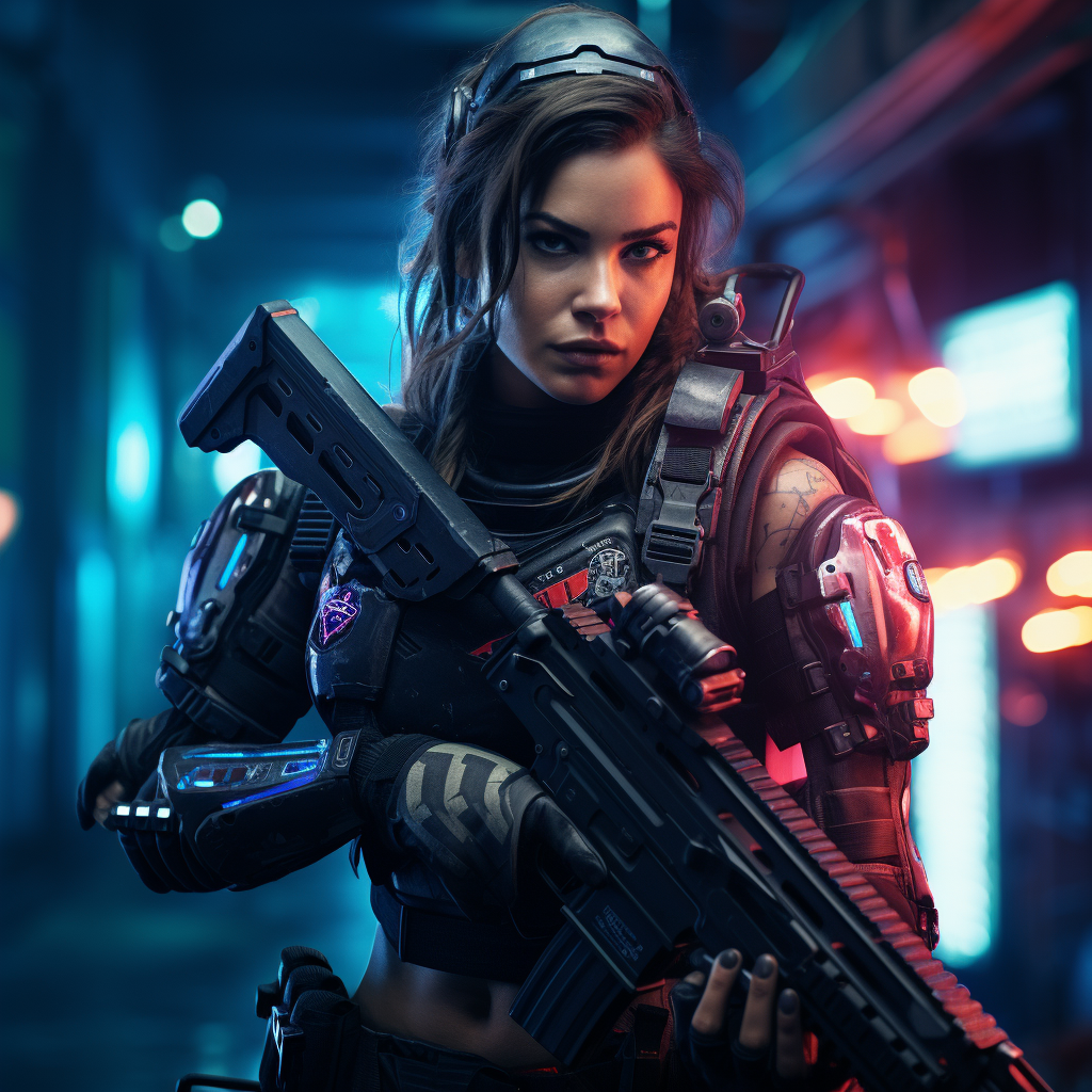 Hyperrealistic female marine in cyberpunk battle