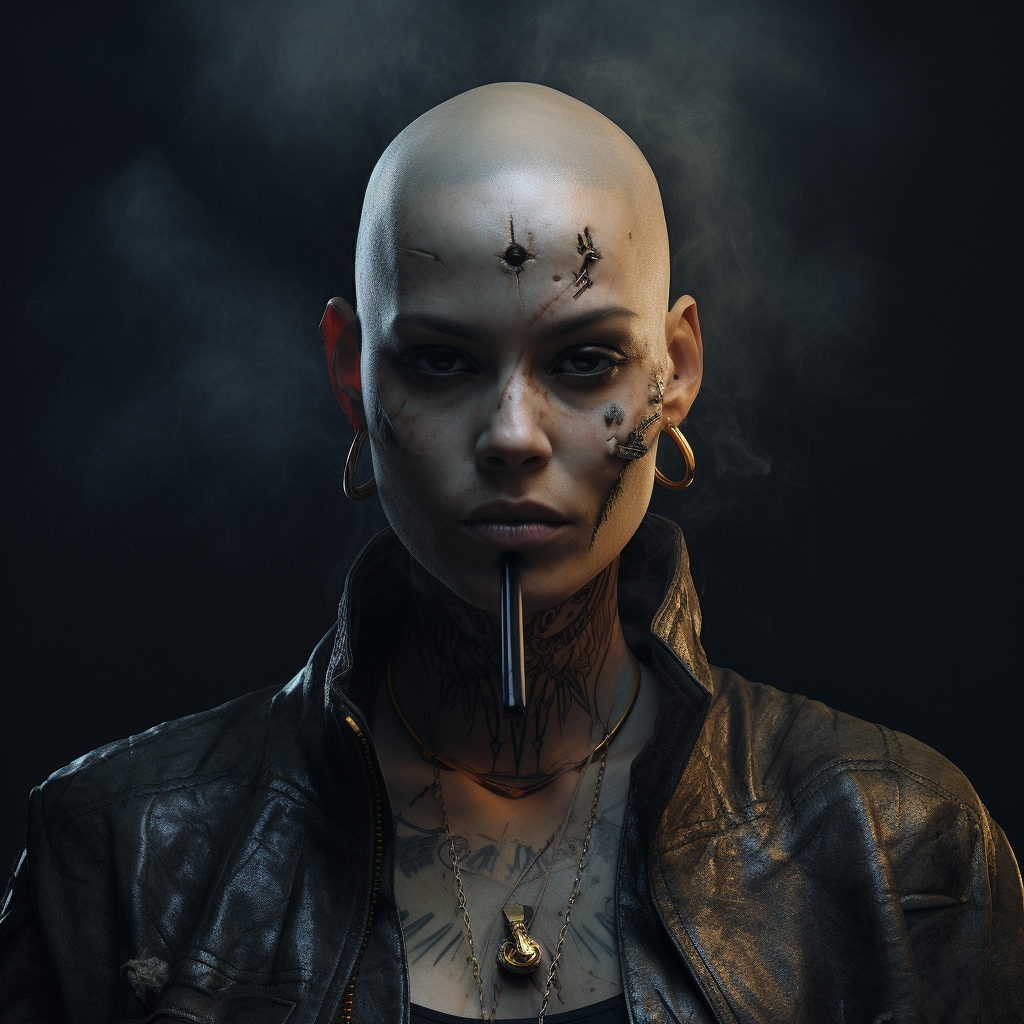 Cyberpunk female mercenary with scars and a half-shaven head