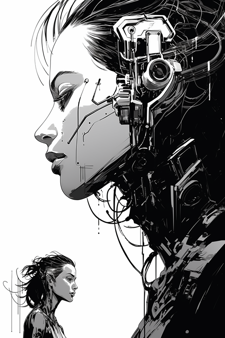 Sketch of female cyberpunk with two-headed robot