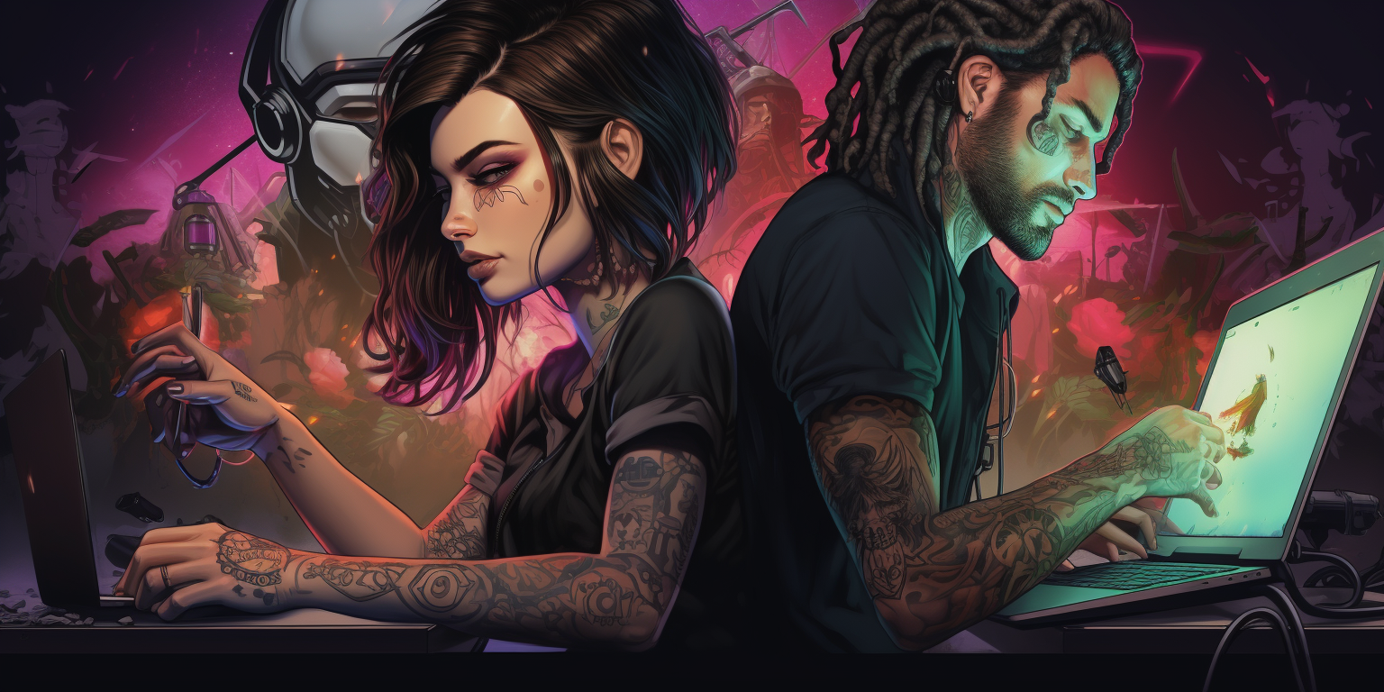 Cyberpunk manga girl with tattoos and man working on laptop