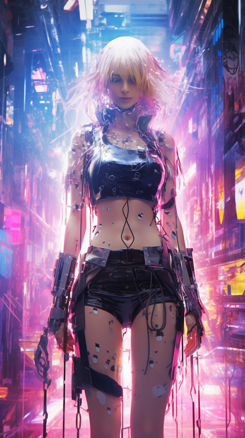 Ethereal girl surrounded by neon lights in cyberpunk setting