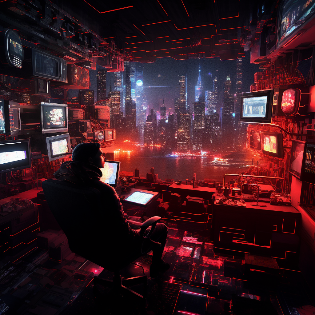 Cyberpunk hacker immersed in virtual reality