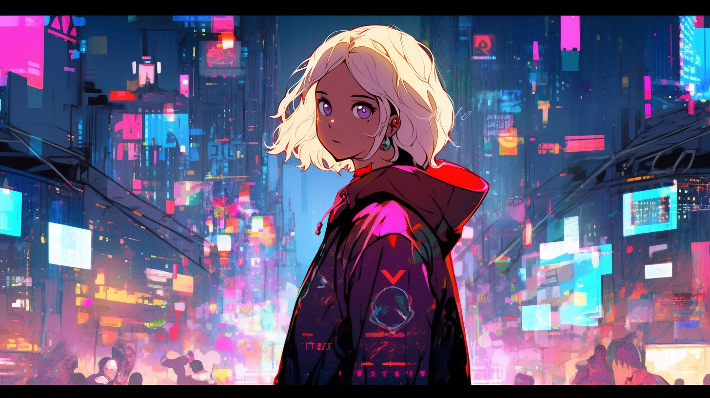 Teenage cyberpunk hacker in futuristic city