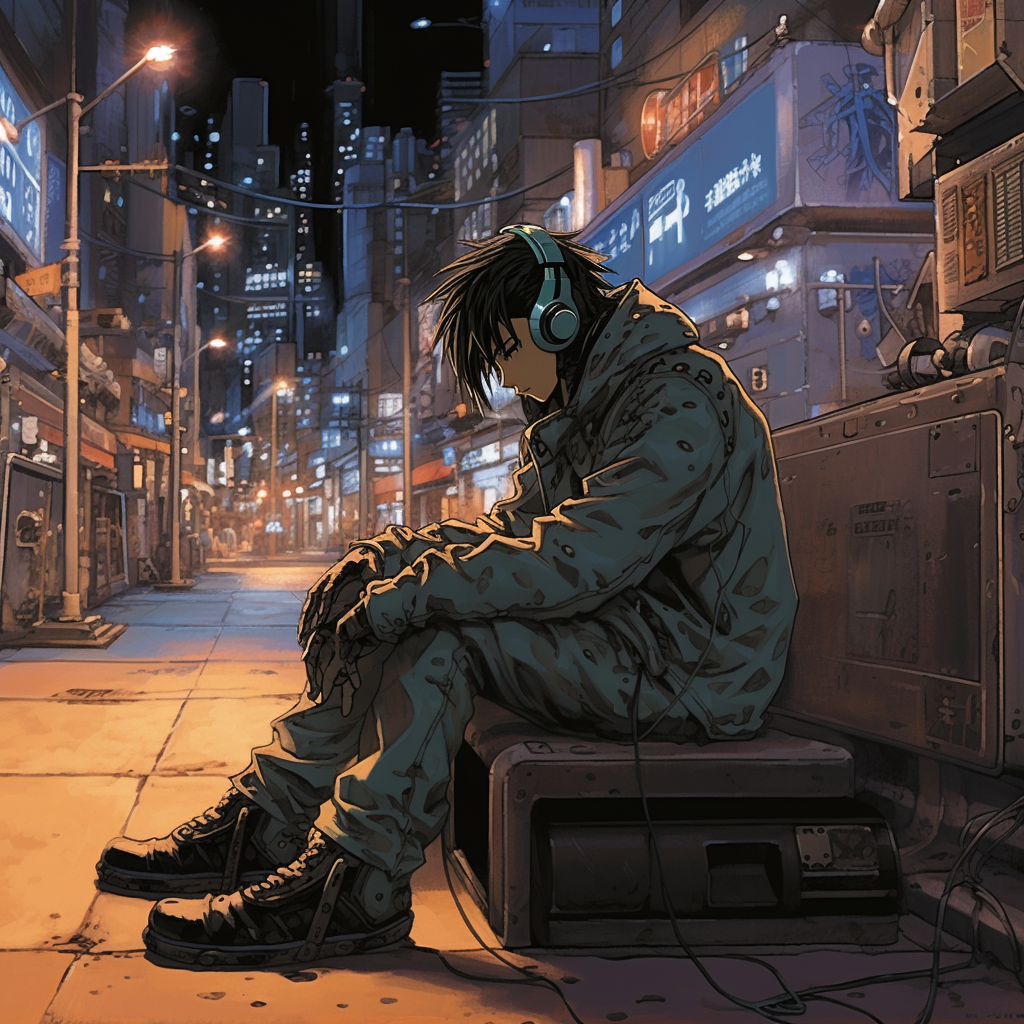 Cyberpunk hacker listening to music