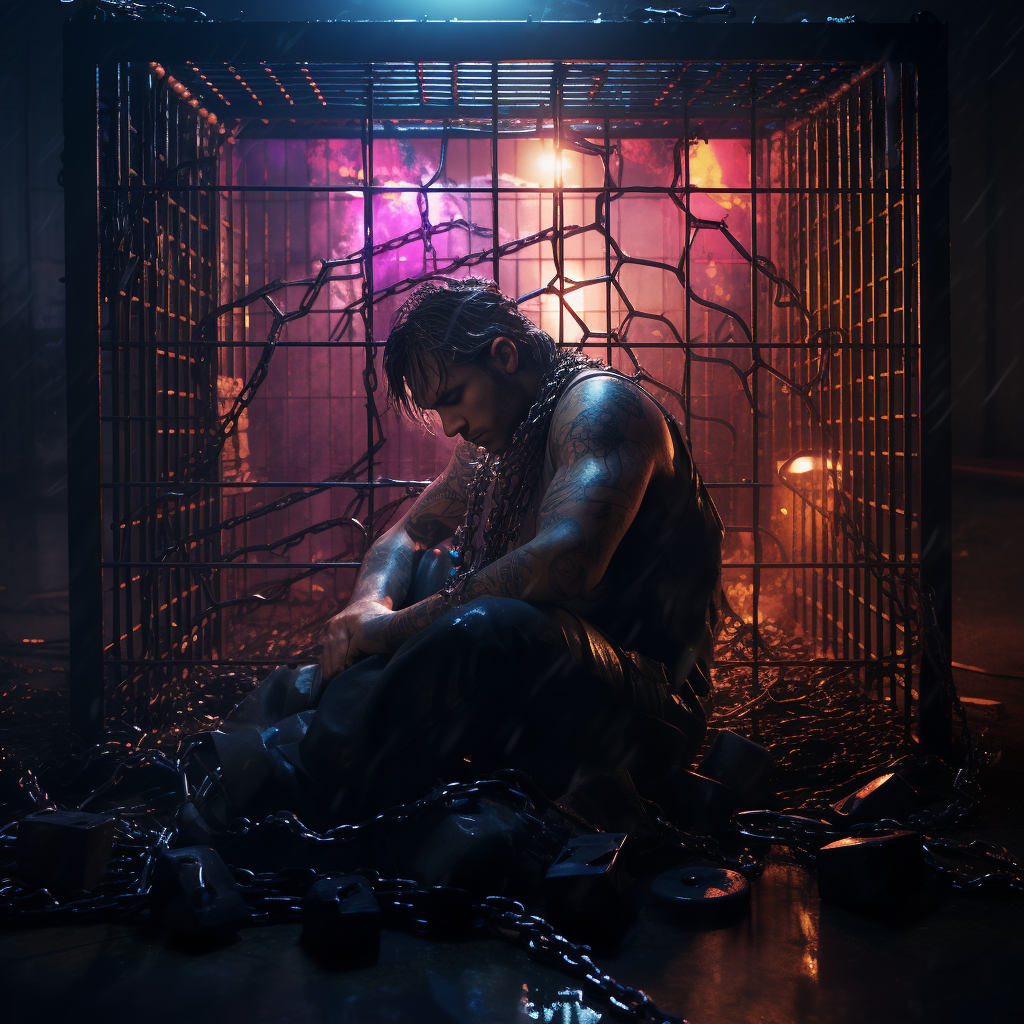 Cyberpunk hacker trapped in locked cage