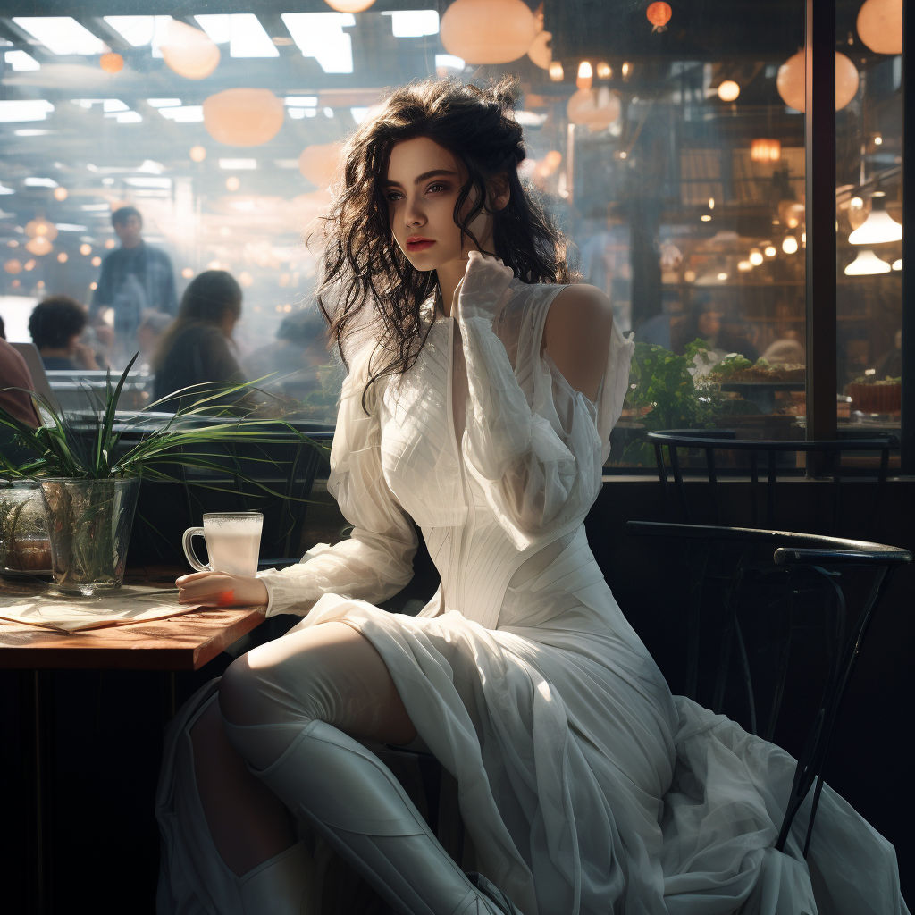 Female cyberpunk hero in beautiful white dress at café