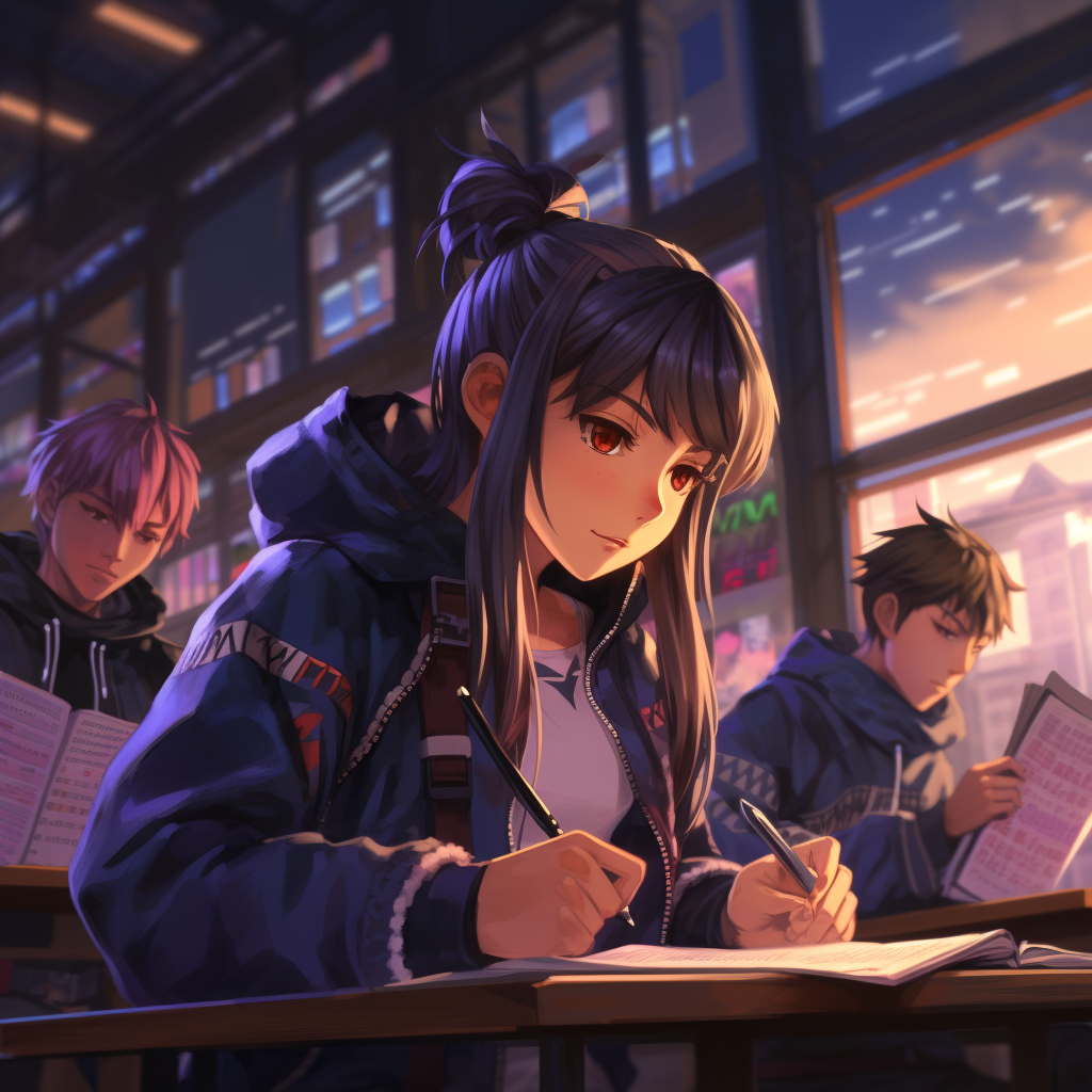 Group of students studying in a cyberpunk highschool class