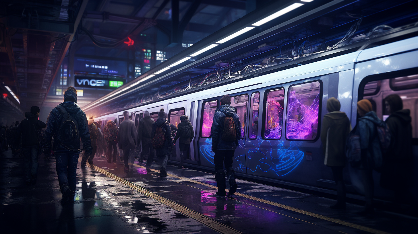 Grimdark subway platform with graffiti and a ghost