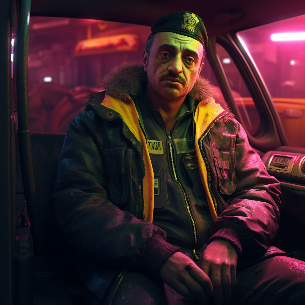 Italian taxi driver in cyberpunk city