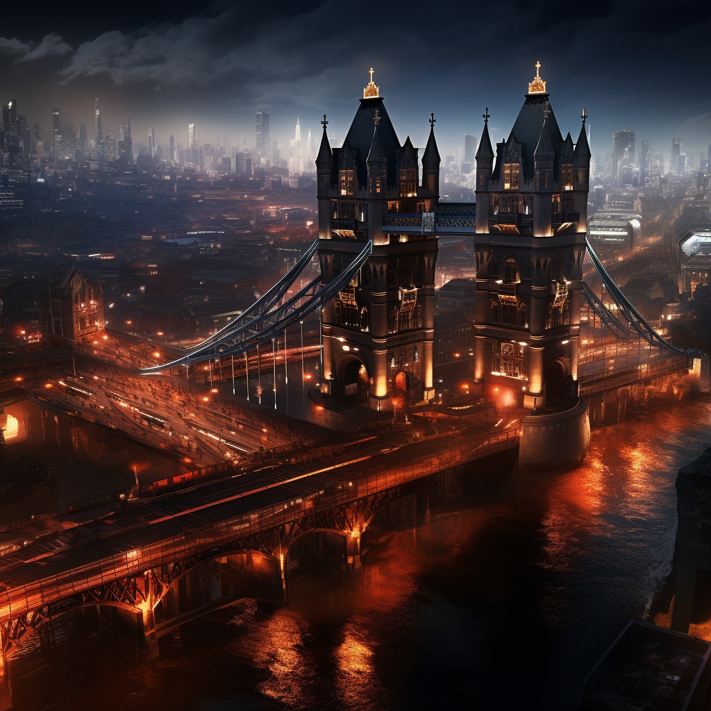 Impressive rendering of Cyberpunk London Tower Bridge at Night