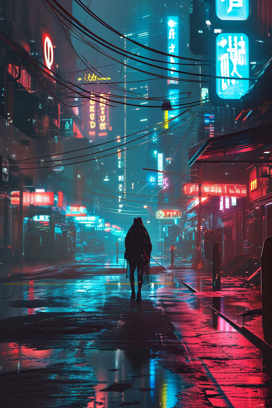 Cyberpunk love in futuristic cityscape