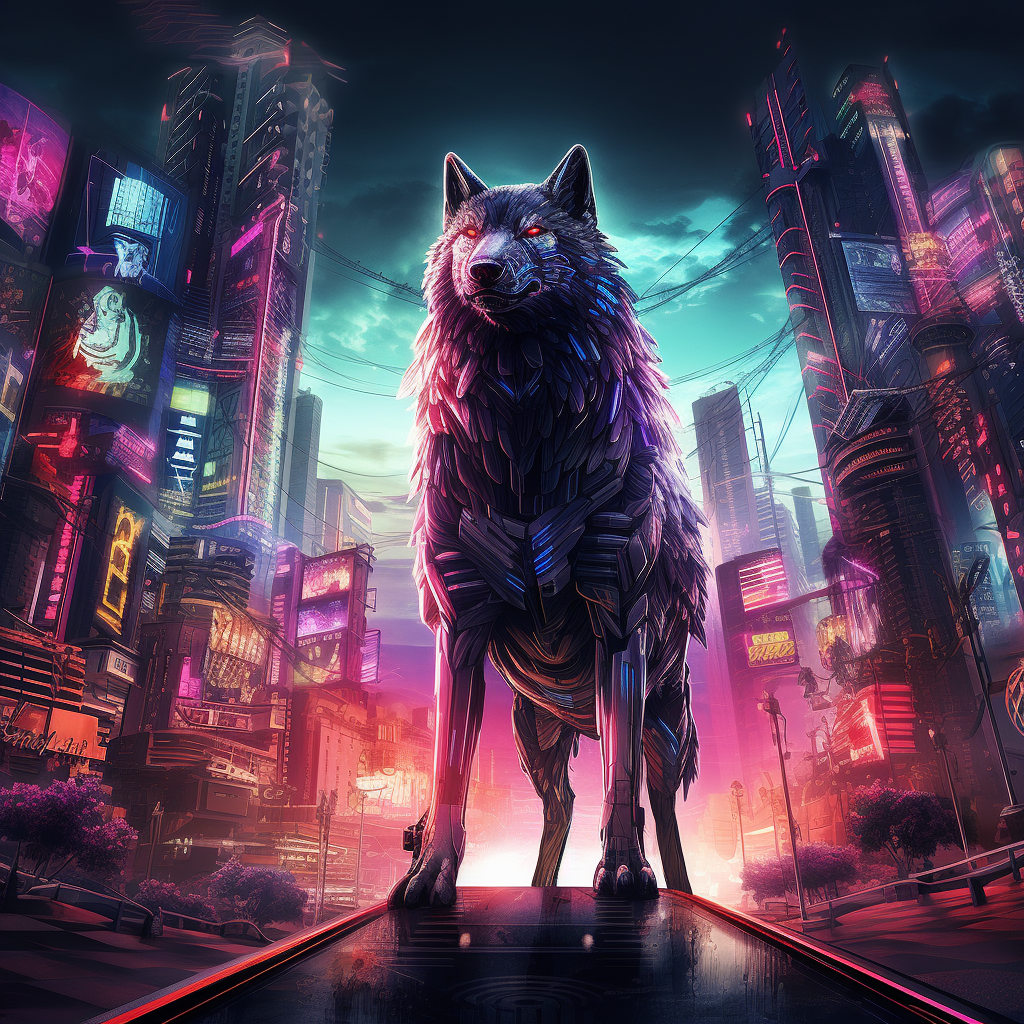 Neon-lit cyberpunk cityscape with a surreal wolf