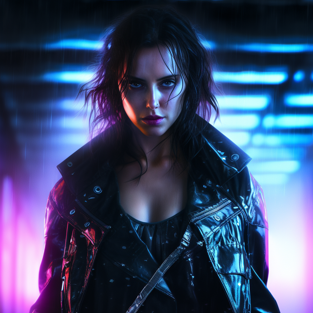 Stylish cyberpunk woman in leather coat with cyberarm