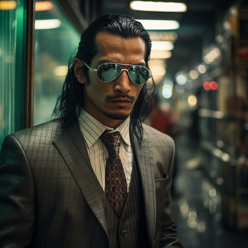 Nepali man in cyberpunk business suit with mirror glasses