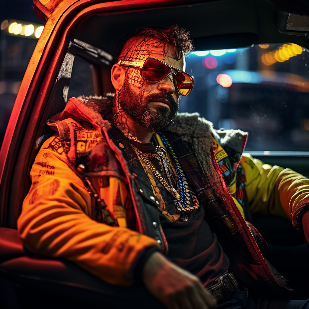 Cyberpunk NYC taxi driver in action