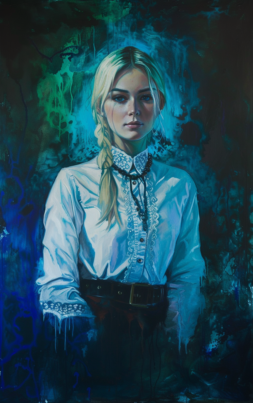 Cyberpunk oil painting of a young blonde powerful person