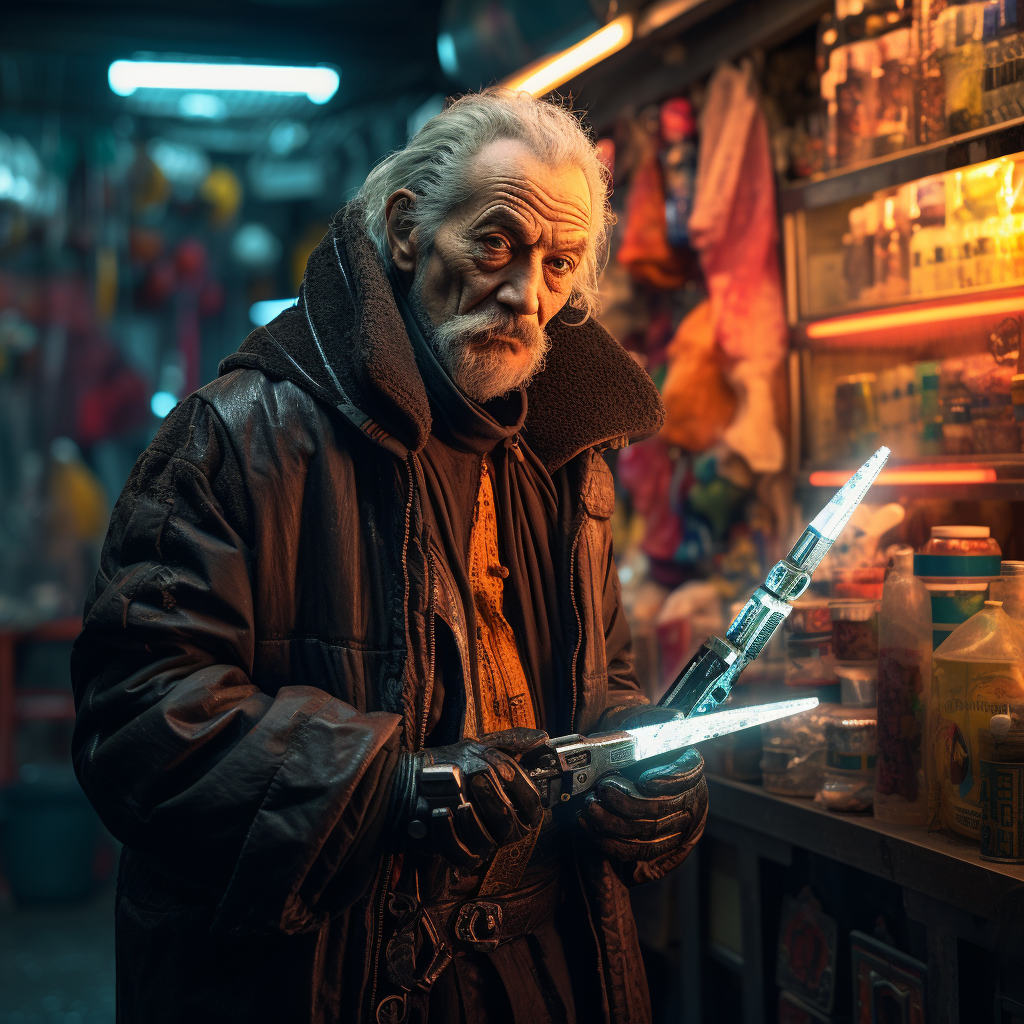 Cyberpunk old man selling lightsabers