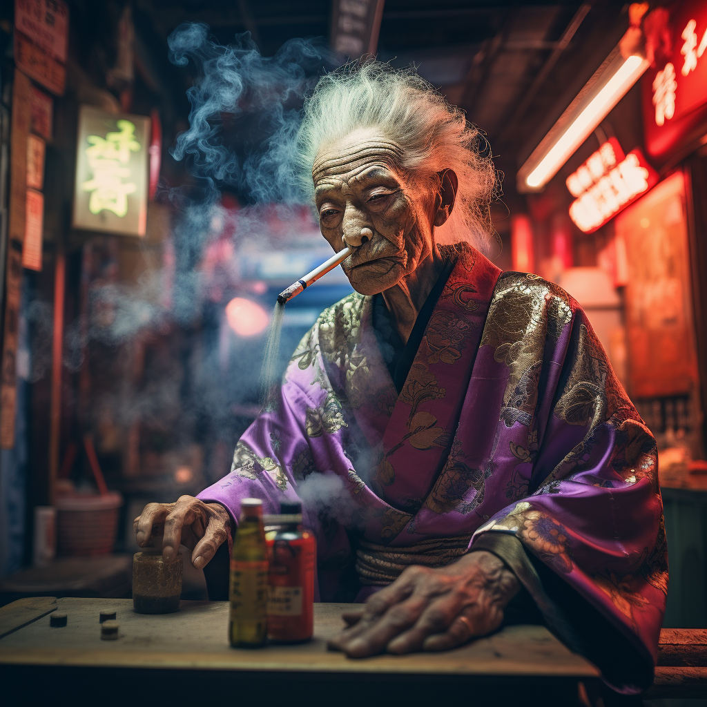 Elderly Cyberpunk Oyabun with Cigar