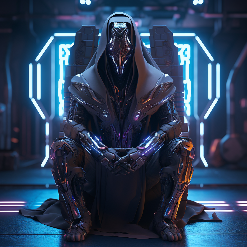 Neon-lit cyberpunk robot bountyhunter on throne