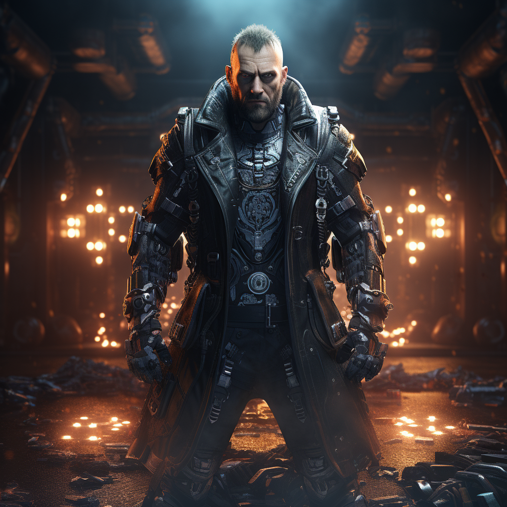 Rugged man in cyberpunk attire standing confidently