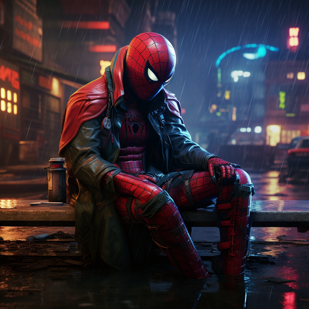 Sad cyberpunk Spiderman in futuristic cityscape