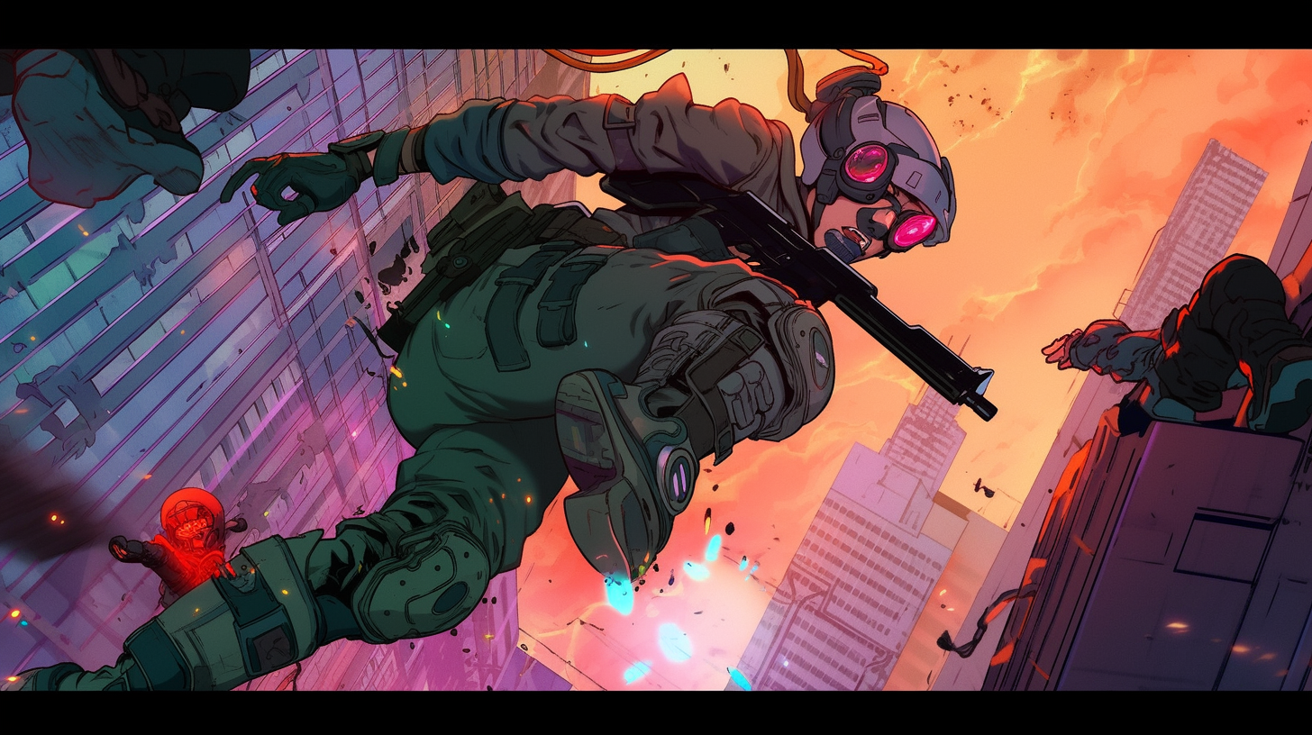 Cyberpunk soldier dodging gunfire image