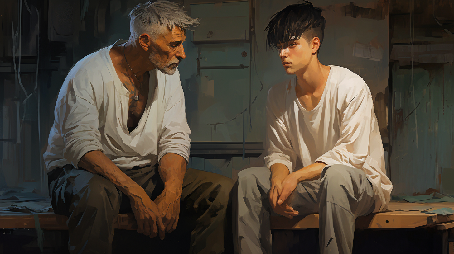 Cyberpunk street thug with old teacher-figure man in white clothes