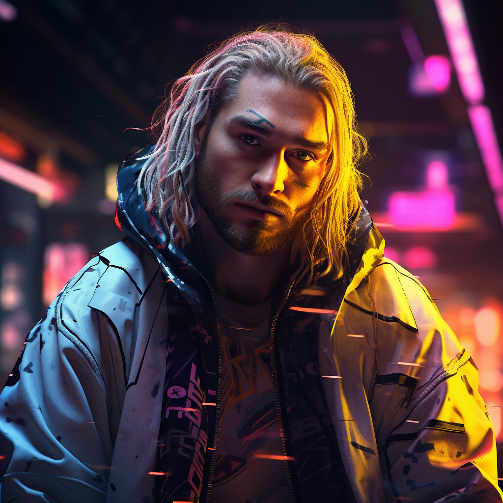 Stylish bearded man in cyberpunk streetwear outfit