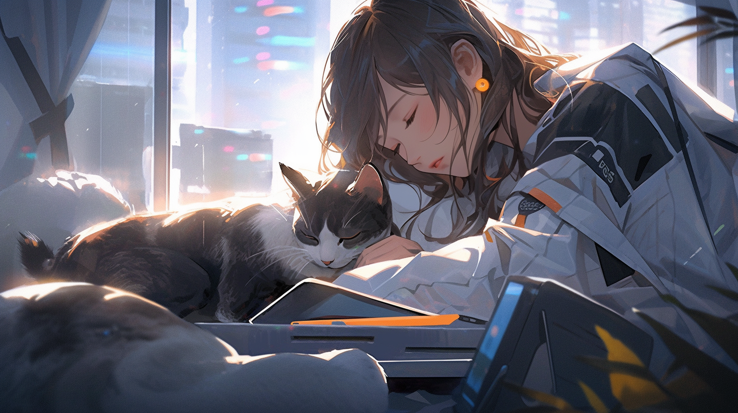 Female student in cyberpunk world reading laptop with cat