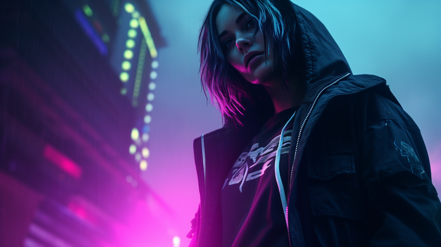 Cyberpunk techwear fashion with dynamic pose