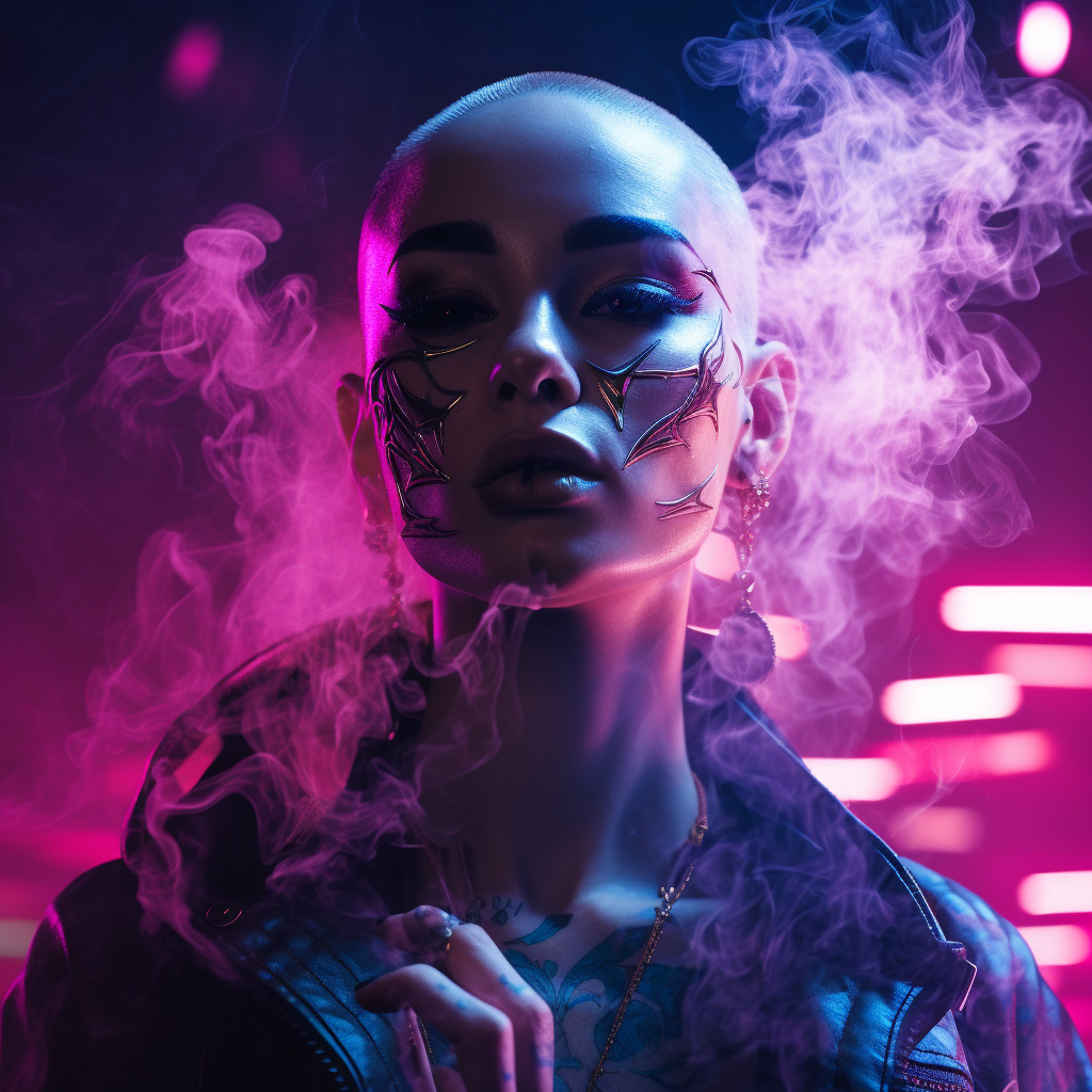 Cyberpunk woman with neon lights and smoke