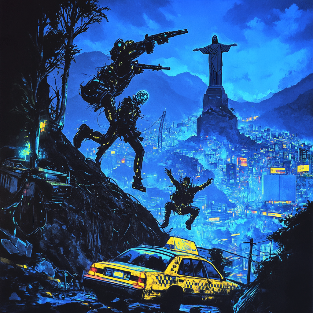 cyberpunks with synthetizers jumping over futuristic taxi, ruins background