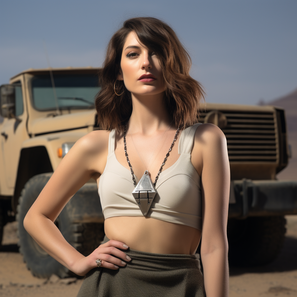 Woman wearing Cybertruck necklace elegantly