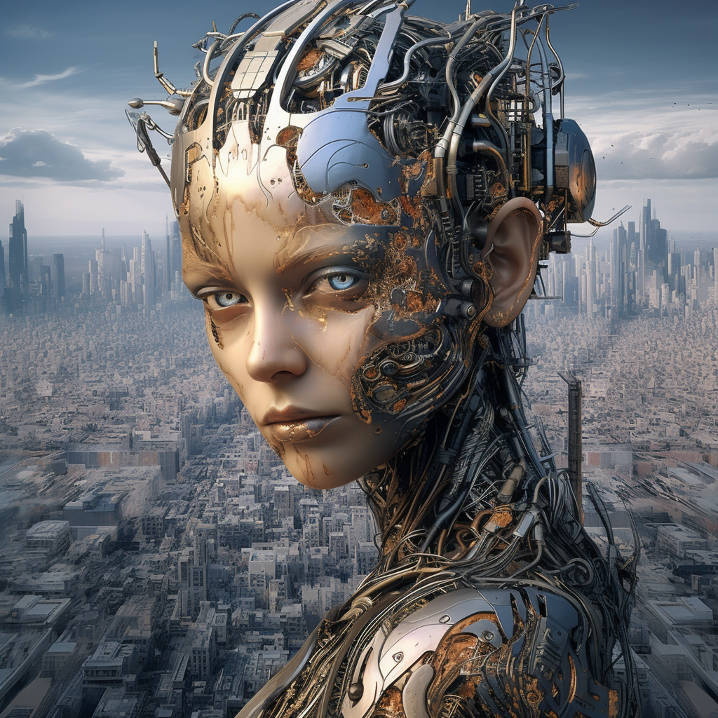 Detailed Cyborg Alien Observing Cityscape from Above