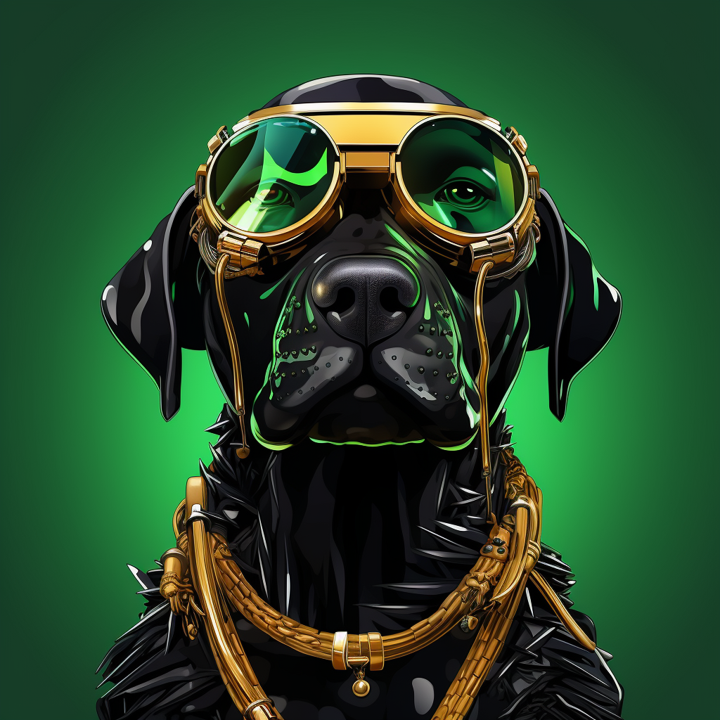 Cyborg-dog labrador wearing glasses and a fancy chain