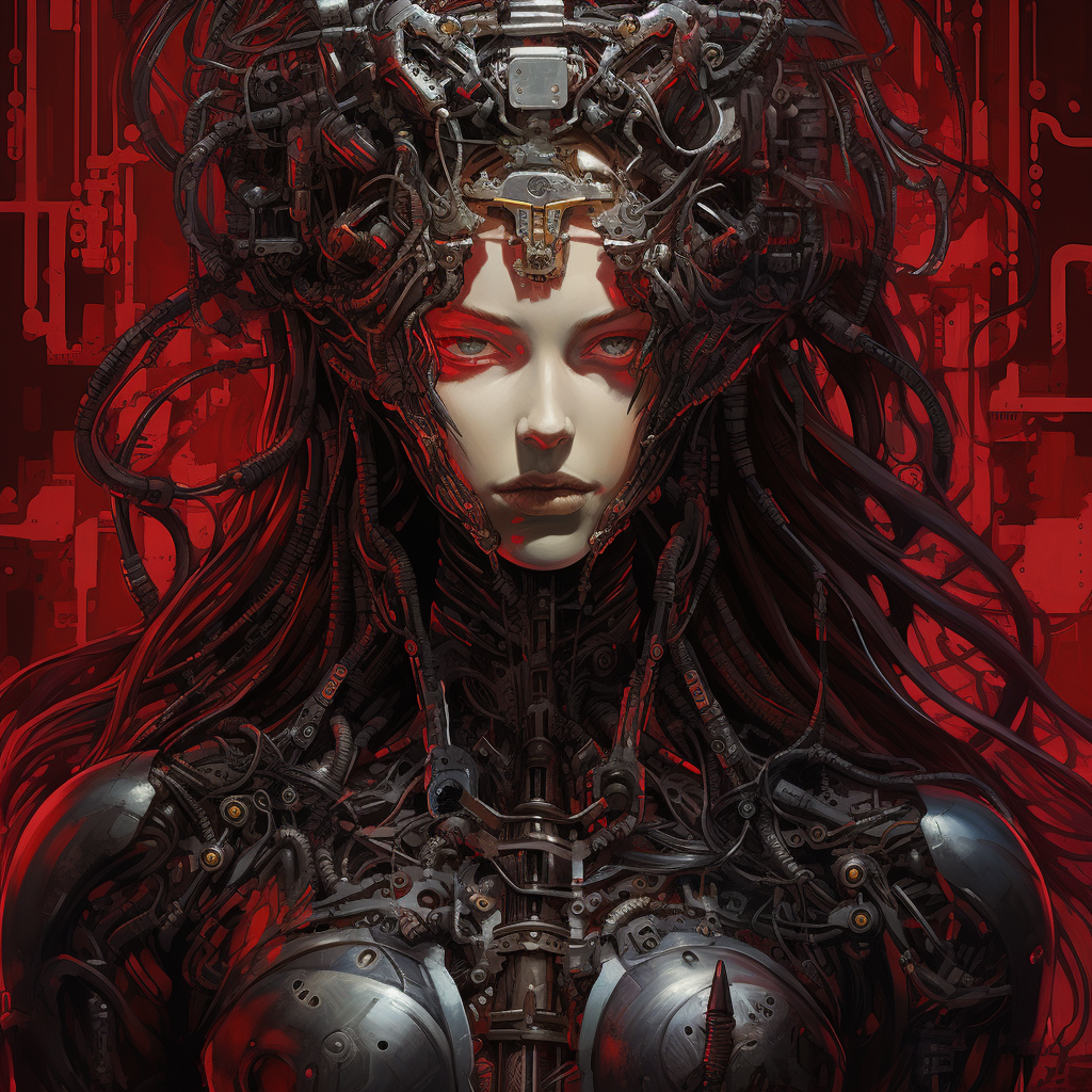 Detailed image of a red, aggressive cyborg goddess