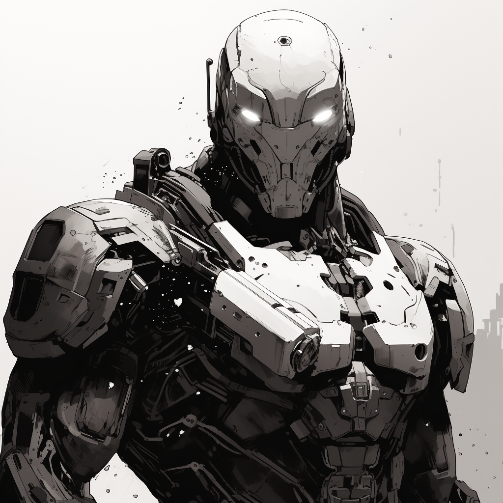 Hiroya Oku's black and white cyborg superhero design