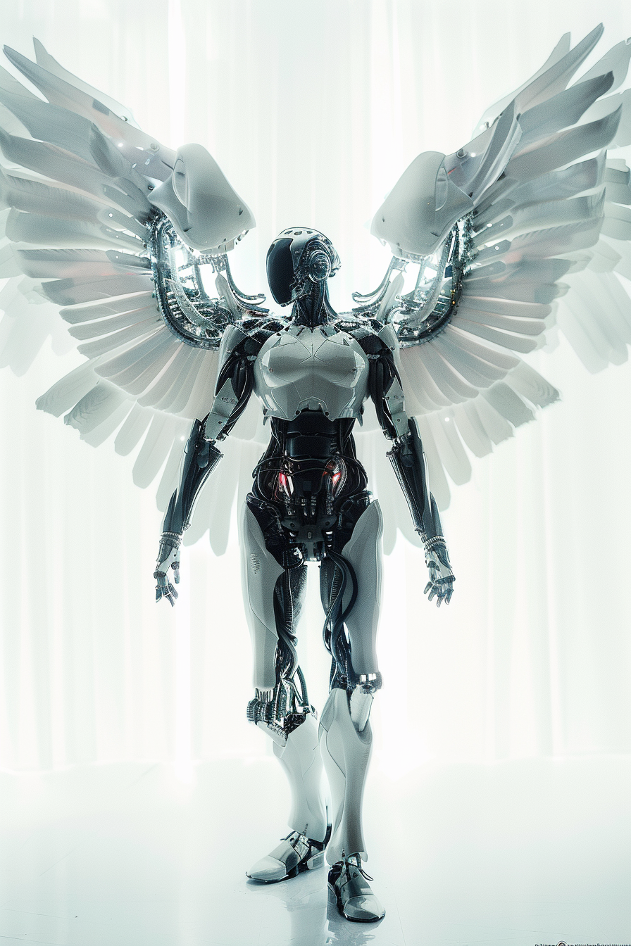 Cyborg with metallic angel wings